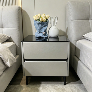 NKOL Modern Minimalist Nightstand with 2 Drawers Glass Top Black Legs Bedroom Furniture <b>Storage</b> <b>Side</b> <b>Table</b> - Product Image 3