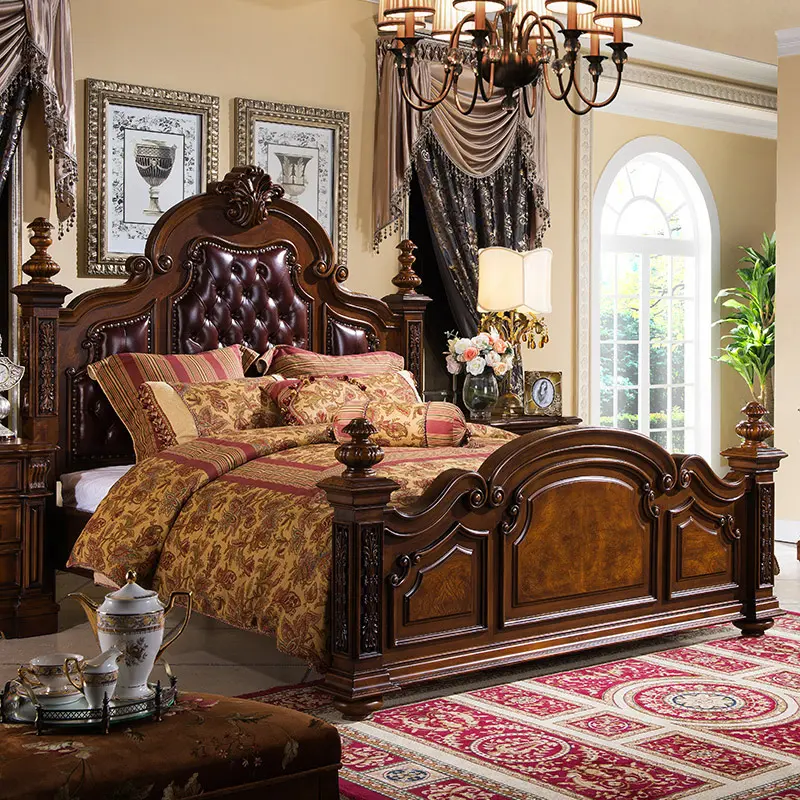 American Classic Style Leather Bed Bedroom Wedding Bed Luxurious European Retro Solid Wood Carved Double bed B501