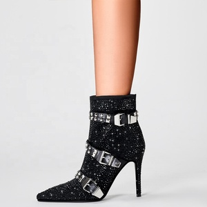 Full Diamonds Women Stiletto Thin Heels Short <b>Boots</b> Big Size 46 Belt Buckles Luxury Shoes Dress Wide Fit Ankle Booties - Product Image 1