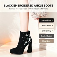 Vente en gros directe usine : Nouvelles bottines chinoises élégantes pour l'hiver, noires à bout pointu, talon épais plateforme, doublées polaire