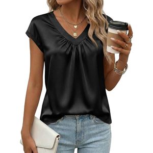 Blusa de Seda Satinada para Mujer, Cuello en V, Manga Corta, Holgada, Informal, para Oficina o Trabajo - Product Image 1