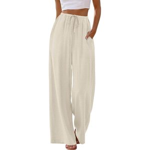 FOXA Women's Linen Palazzo Pants Wide Leg <b>Flowy</b> Beach Trousers Off White With Pockets Breathable Summer Wear - Product Image 2