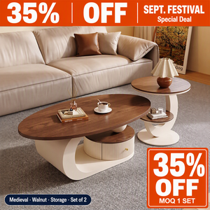 AntNovelty Tavolino da Caffè Stile Medievale con Piano in Noce e Vano Contenitore Nascosto, Set da 2 per Soggiorno, MOQ 1 Set, Festival <span class=keywords><strong>di</strong></span> Settembre - Product Image 1