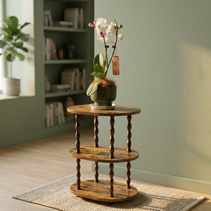 Soporte rústico de madera de tres niveles para plantas, forma redonda, estante de almacenamiento duradero para sala de estar, soporte decorativo para macetas - Product Image 3