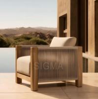 Moderner Outdoor-Teakholz-Drehsessel mit Seilgeflecht-Detail Luxuriöser Garten-Terrassen-Loungesessel Wasserdicht für Villa und Poolbereich
