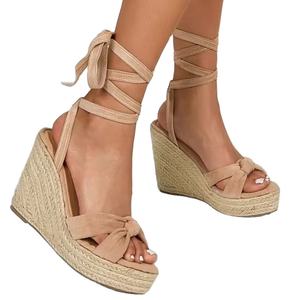 Design de fabricant personnalisé mode d'été <span class=keywords><strong>à</strong></span> lacets talon haut couleur abricot plate-forme noeud avant jambe Espadrille sandales <span class=keywords><strong>compensées</strong></span> - Product Image 1