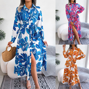 Robe chemise attachée à revers de fleurs printemps et é<span class=keywords><strong>t</strong></span>é vêtements longs pour femmes - Product Image 1