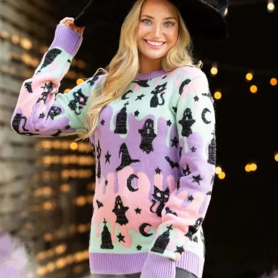 На заказ FNJIA унисекс свитер для Хэллоуина жаккардовая вязаная шляпа ведьмы кошка Классический пуловер Джемпер праздничный свитер