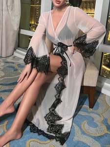 Sfy-y5125 2025 New Sexy Woman Roba Seduction See-through Mesh Maxi Long Kimono Bayhrobe Contrast Black Lace Pajama Sexy Lingerie - Product Image 2
