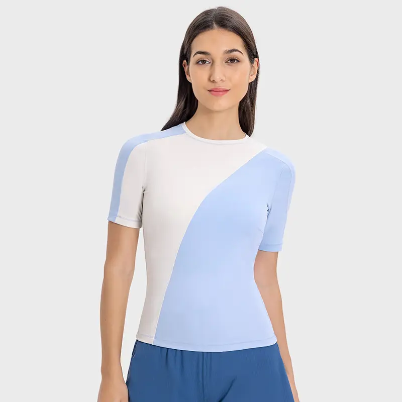 T-shirt de sport avec blocage des couleurs Slim Fit Gym Fitness T-shirt à manches courtes avec design asymétrique Stretch Running TrainingTops