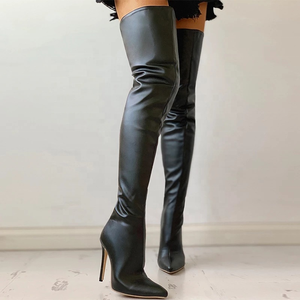 Botas de invierno para mujer, estilo oficina, por encima de la rodilla, color liso, tacón fino, punta afilada, estilo occidental - Product Image 4
