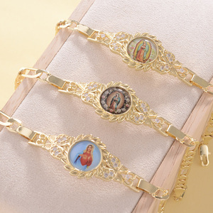 Pulsera Religiosa para Mujer, Cadena Figaro, Oro, Pulsera de Oro de 14k, <span class=keywords><strong>Jesús</strong></span>, Virgen María, Niño <span class=keywords><strong>Jesús</strong></span>, Joyería Religiosa de Guadalupe - Product Image 4