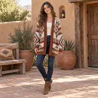 Cardigan en tricot jacquard géométrique surdimensionné pour femme, ouvert sur le devant, à manches longues, style bohème décontracté, manteau automne-hiver, OEM ODM personnalisé