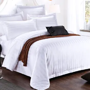 中国制造商250tc 100% 棉3厘米条纹床单酒店床上用品套装