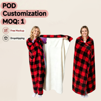 Custom 280GSM Flannel Wearable Blanket Wrap 50x60 Inches Red Black Buffalo Plaid Sherpa Lined Fleece Poncho Cape Warm TV Blanket