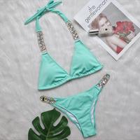 2025 Nieuwe Luxe Dameszwemkleding Effen Kleur Sexy Stringbikini Met Strass Bedrukte Strandkleding Tweedelig