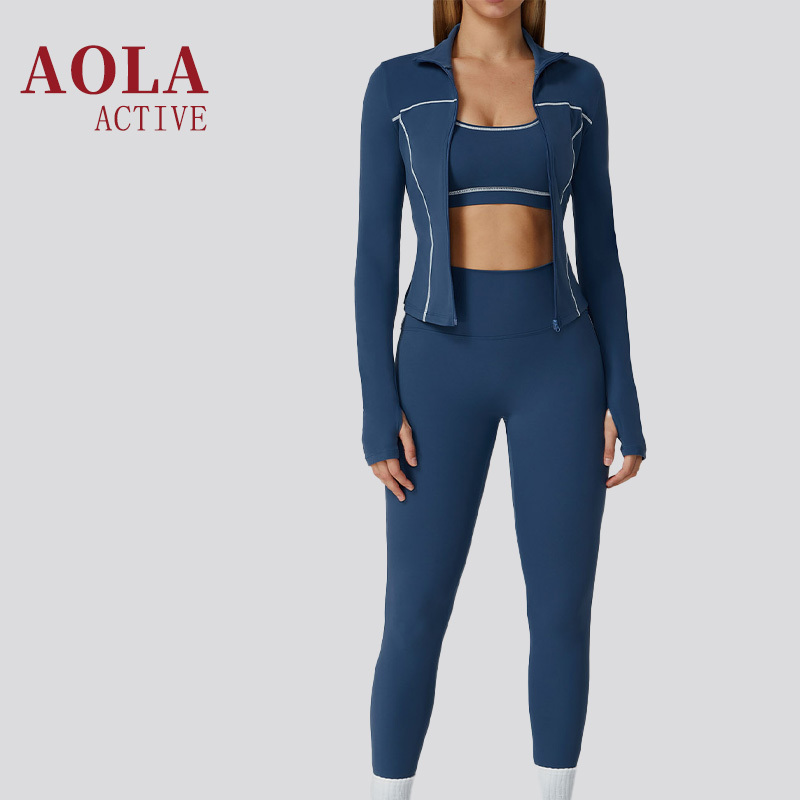 2026 AOLA Plaid Lightweight Breathable Anti-Wrinkle Spandex/Nylon Athletic Zip-Up Jacket Reflective Stripes Matching Yoga Set
