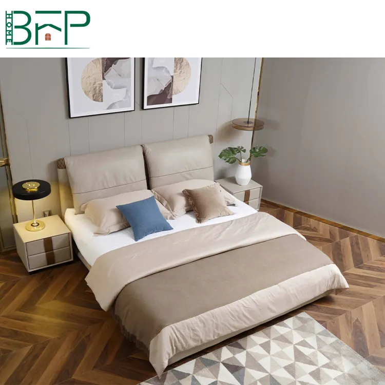 BFP Modern Light Yellow Genuine Leather Double Sizes Bed Frame Bedroom Furniture Luxury Leather Beds