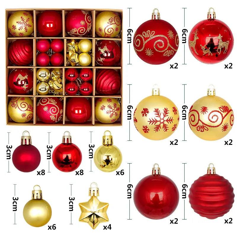 3/4/6cm 44pcs boule de Noël ronde en plastique rouge or incassable boule de Noël et ornements d'arbre boules de Noël