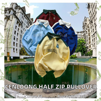 Cenloong Half Zip Cotton Pullover Pria Hijau Sage Terracotta Greige Olive Pink Streetwear Chenille Patch Enzyme Wash Applique