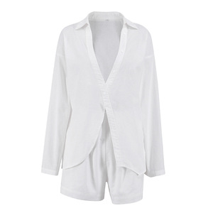 Nuovo Design nuovo stile camicia e pantaloncini di canapa Set di <span class=keywords><strong>abbigliamento</strong></span> in cotone organico Set di <span class=keywords><strong>abbigliamento</strong></span> <span class=keywords><strong>donna</strong></span> <span class=keywords><strong>sostenibile</strong></span> - Product Image 1