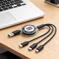 Câble de charge multi-téléphone 3 en 1 avec logo personnalisé, promotion en gros, câble de charge rétractable USB avec boîte à bobine en cristal