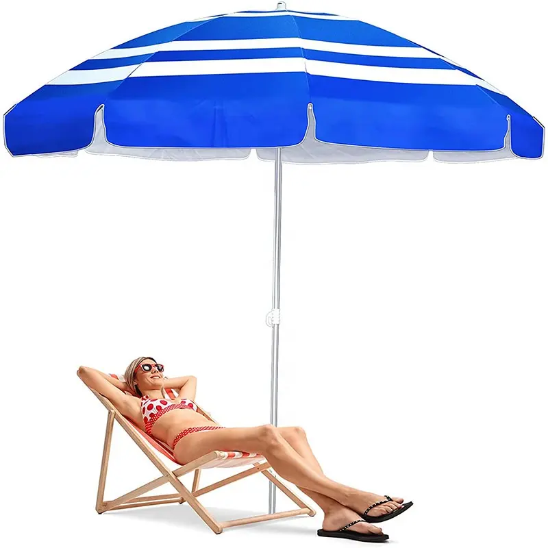 Parasols de plage en aluminium avec protection UV et impression personnalisée Parasols de plage à rayures bleues et blanches pour l'extérieur
