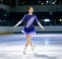 Robe de patinage artistique à manches longues dégradé violet-bleu, jupe à dos ouvert ovale large pour filles adultes, compétition et performance