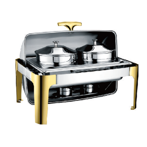 Equipo de buffet de lujo Calentador de alimentos Acero inoxidable Vidrio dorado Plato de frotamiento Roll Top Chaffing <span class=keywords><strong>Dish</strong></span> Set para Catering con ventana