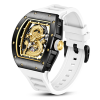 Montre mécanique automatique de luxe en or avec squelette de dragon, boîtier tonneau, mouvement 25 rubis, bracelet en silicone blanc, montre-bracelet pour homme