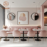Ensemble de meubles de restaurant, banquette rembourrée rose, tables circulaires en marbre et chaises blush, ensemble de salle à manger commerciale