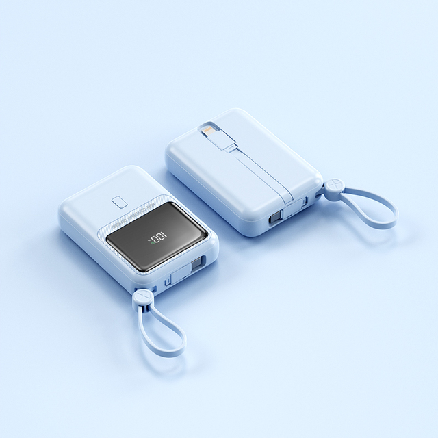 Mini Ultra Slim Double USB 10000mAh Li-Polymer Battery Mobile Power Bank Built-in 2-wire Cable PD20W Fast Charging LED Display
