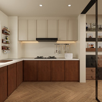 Meuble de cuisine modulaire sur mesure en forme de L, placage bois bicolore, rangement de cuisine moderne et minimaliste avec éclairage LED et plan de travail en quartz
