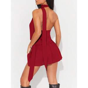 Vestido Mini Rojo Personalizado para Mujer, Estilo Halter, Línea A, Chifón, con Lazos en la Espalda, para Fiesta o Club - Product Image 1