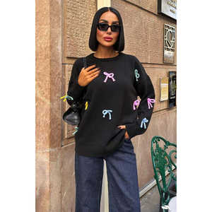 โซเบ คัลเลอร์ฟูล โบว์เสื้อสเวตเตอร์ถักผู้หญิงแขนยาวลำลองป้องกันขนร่วง 14 Gg สีดำ - Product Image 4