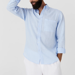 Usine directe Cool respirant <span class=keywords><strong>bleu</strong></span> <span class=keywords><strong>ciel</strong></span> hommes <span class=keywords><strong>chemise</strong></span> en <span class=keywords><strong>lin</strong></span> décontracté popeline Style simple boutonnage été voyage extérieur uni teint - Product Image 1