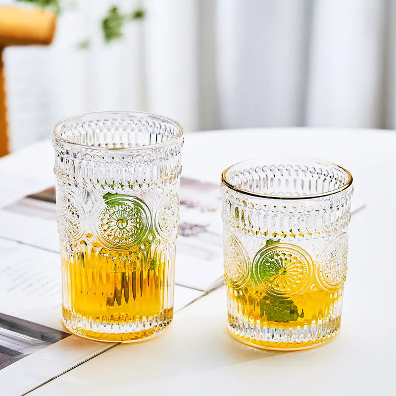 Vente en gros de verre à whisky nordique tournesol vintage verre à eau verre à boire transparent tasse à lait domestique avec bord doré
