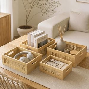 Caja de Almacenamiento de Mimbre de Madera Maciza CF, <span class=keywords><strong>Cesta</strong></span> de Almacenamiento Rectangular de 4 Tamaños, Estantería de Mimbre, Juego de Cajas de Almacenamiento para Toallas - Product Image 4
