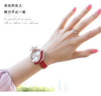 Montre Femme Quartz Luxe Motif Phénix Chinois Or Rose Acier Inoxydable Bracelet Cuir Rouge Orné Diamants Rubis Cristal