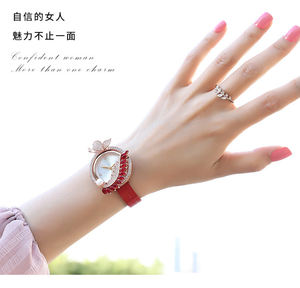 Montre Femme Quartz Luxe Motif Phénix Chinois Or Rose Acier Inoxydable Bracelet Cuir <span class=keywords><strong>Rouge</strong></span> Orné Diamants <span class=keywords><strong>Rubis</strong></span> Cristal - Product Image 4