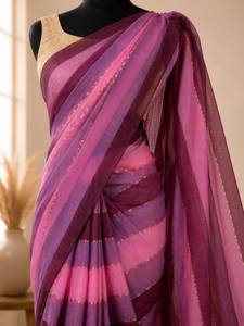 Sari indien traditionnel multicolore rayé en coton Mul pour femmes avec un motif tissé élégant, tissu en coton doux et respirant - Product Image 2