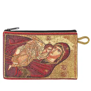 Christian Iconography Cretan - Style Virgin Of Tenderness Icon Designed Woven Wallet & Purse Catholic Gift & Rosary Pouch