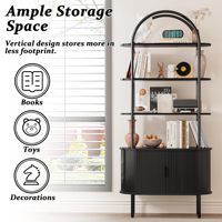 Étagère arquée de 71 pouces de hauteur avec portes coulissantes, style moderne du milieu du siècle, en panneaux de particules, incurvée, 4 niveaux, rangement ouvert, grande capacité pour salon