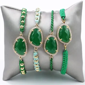 LS-A406 sparkly geweldig! Natuurlijke groene jade armband met CZ koperen kraal macrame pull armband mode armband sieraden