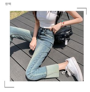 <span class=keywords><strong>Jeans</strong></span> Dritti da Donna in Denim Distressed Stile Lolita Vintage con Lavaggio Enzimatico, 100% Cotone, Vita Alta, Lunghezza alla Caviglia, Primavera - Product Image 5