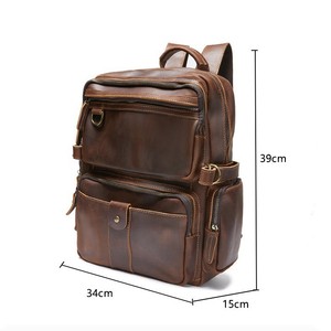 Men's Crazy Horse Leather <b>Backpack</b> 39x34x15cm Coffee <b>Brown</b> Genuine Cowhide Travel Computer Bag Youth Everyday Use - Product Image 1