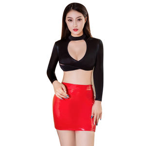 Lencería Sexy, Uniforme de Juego de Rol, Disfraz de Secretaria de Oficina, Top Corto de Seda y Minifalda de Cuero, Disfraz 6130 - Product Image 1