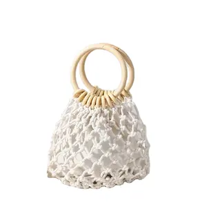 OEM Design Beige Color Knit Materials Cute Purses and Mini Mesh Bucket Bags Women Handbags with Handle