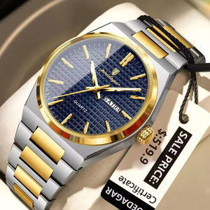 POEDAGAR 874 Montre-bracelet d'affaires à aiguilles lumineuses, double calendrier, quartz, Reloj pour homme, bracelet en acier inoxydable, étanche - Product Image 1