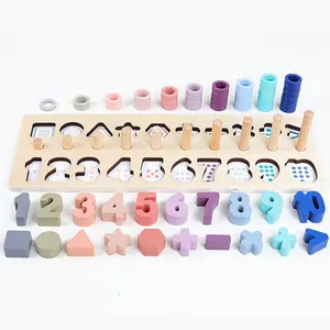 Baby Montessori Math Toys Kids Educational Wooden Toys 5 in 1 Count Numbers Matching Digital Board Game Shape Board Puzzle Toy